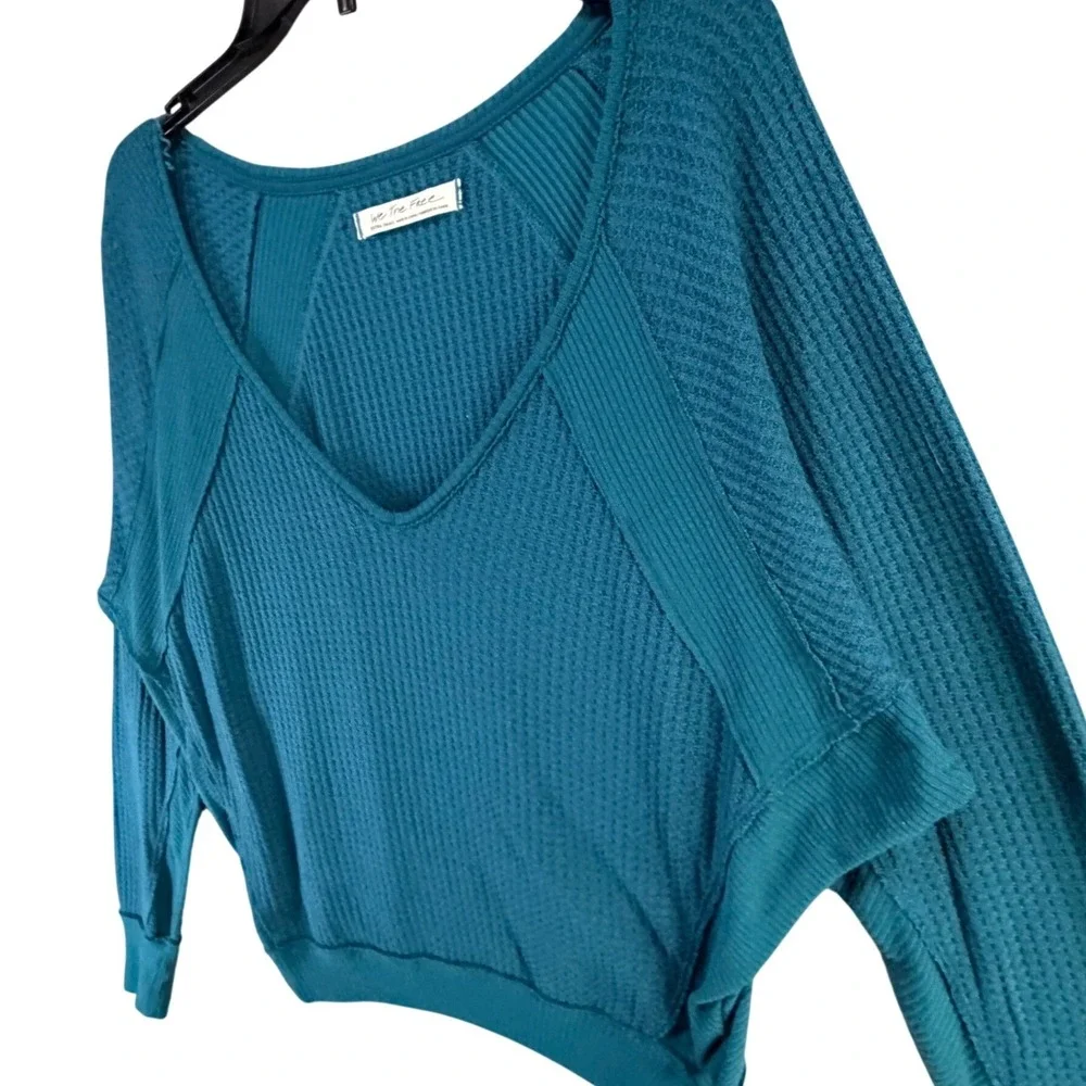 Free People We The Free Santa Clara Thermal Top XS Blue Waffle Boho Chic Slouchy